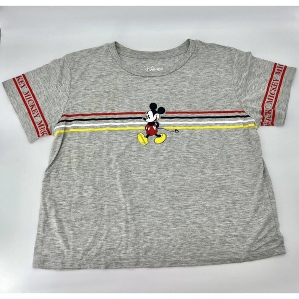 New Juniors XXL (19) Mickey Mouse Front Tie Striped T-Shirt Gray Stripes SS‎